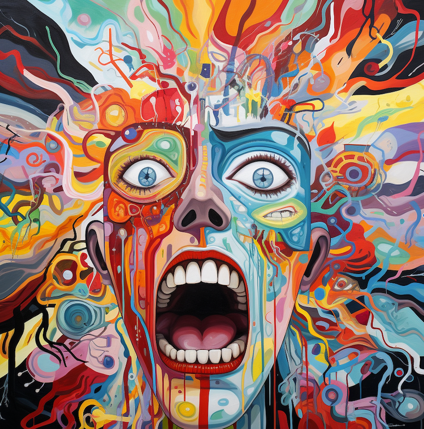 Abstract, vibrant painting illustrating the complexity of an ADHD mind, with an emotive central figure amid a burst of colours and patterns, symbolising the continuous flow of thoughts characteristic of ADHD