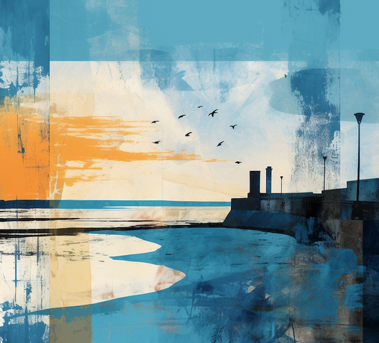 An abstract digital painting depicting a serene seascape at sunset with a collage of textured brushstrokes. Shades of deep blue and aqua represent the tranquil sea, while warm orange and yellow tones suggest the setting sun's glow.