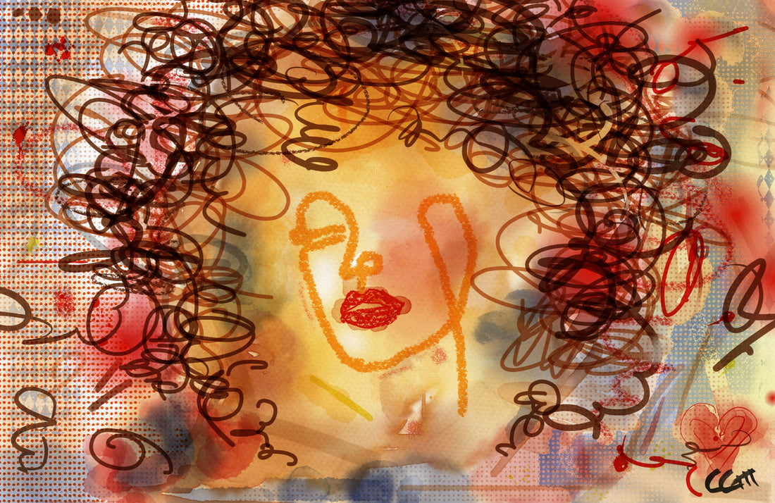 Abstract self-portrait with energetic orange strokes for facial features on a textured background with red, blue, and yellow watercolours, and prominent curly lines overhead.