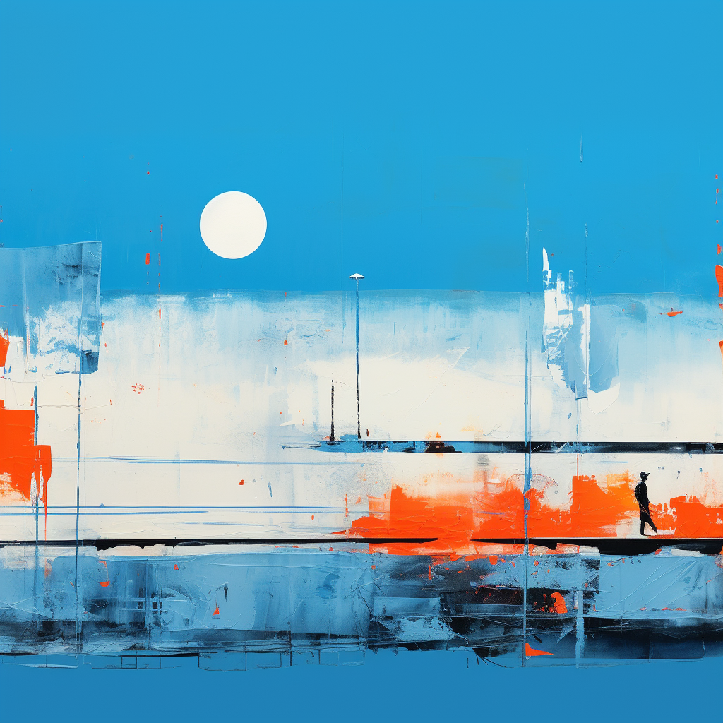 Abstract art print from Solitude Horizons collection featuring a lone figure under a vast blue sky, juxtaposed with bright orange and white brushstrokes, evoking a tranquil seascape.