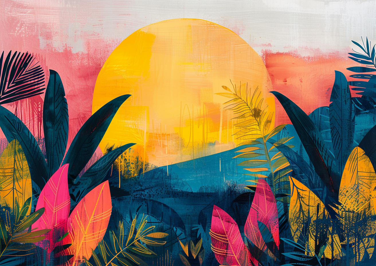 A vibrant painting featuring a radiant orange sun with silhouetted palm trees against a pink and yellow sky. Colorful tropical foliage in blue, teal, and yellow occupies the foreground, set on a textured background with visible brush strokes.